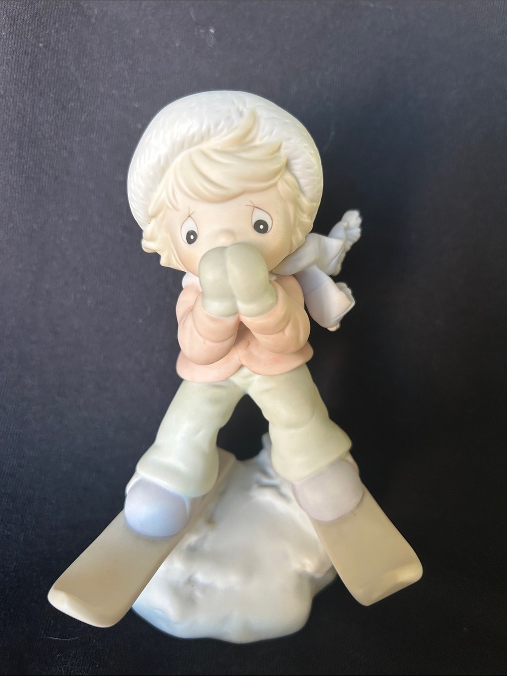 Precious Moments Pastel Skiing girl Figurine in Cream and Light Pink
